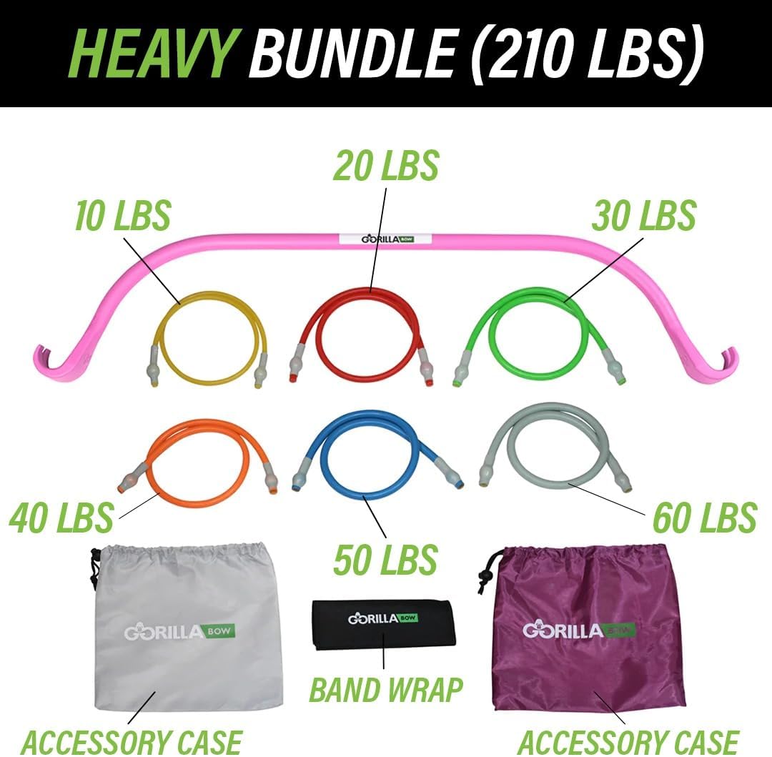 Gorilla Bow Lite All-in-One Home Gym System, Portable Resistance Band Bar for Strength Training, HIIT & Full Body Workouts, Lightweight Design for Home, Travel & Outdoor Use (Pink, Heavy Bundle)
