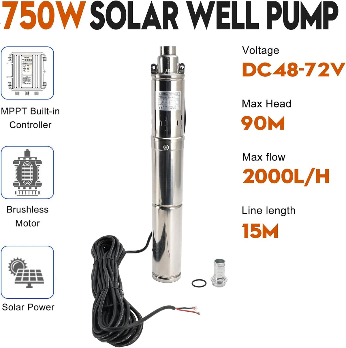 3" 48V 750W MPPT Screw Solar Bore Pump Submersible Deep Well Hole Steel 90M 750W Deep Well Solar Pump with 15M Line