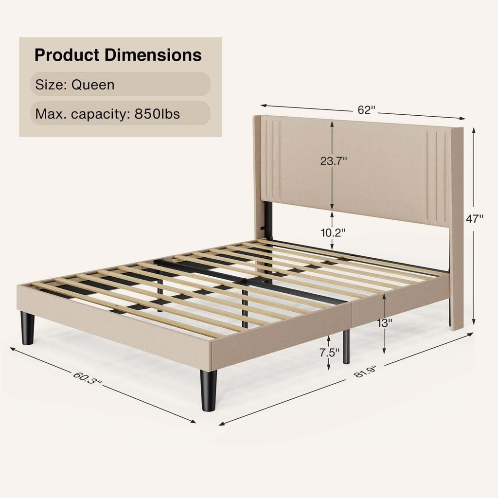 Gizoon Queen Bed Frame with Wingback Headboard, Upholstered Platform Bed