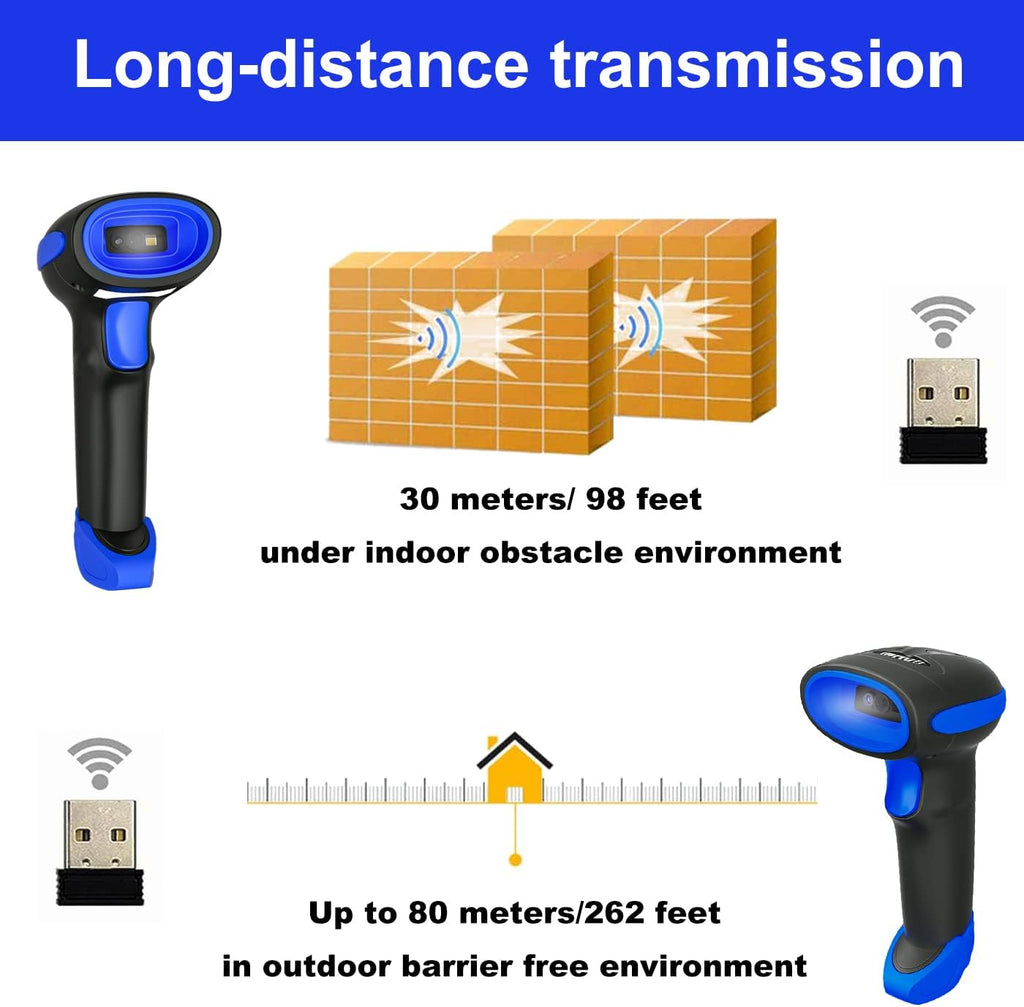 LENVII CW200 2D Barcode Scanner Wireless 2 in 1 Handhold Barcode Reader QR Code Scanner USB Bar Code Scanner for Shop use Store,Supermarket, Warehouse (Blue)