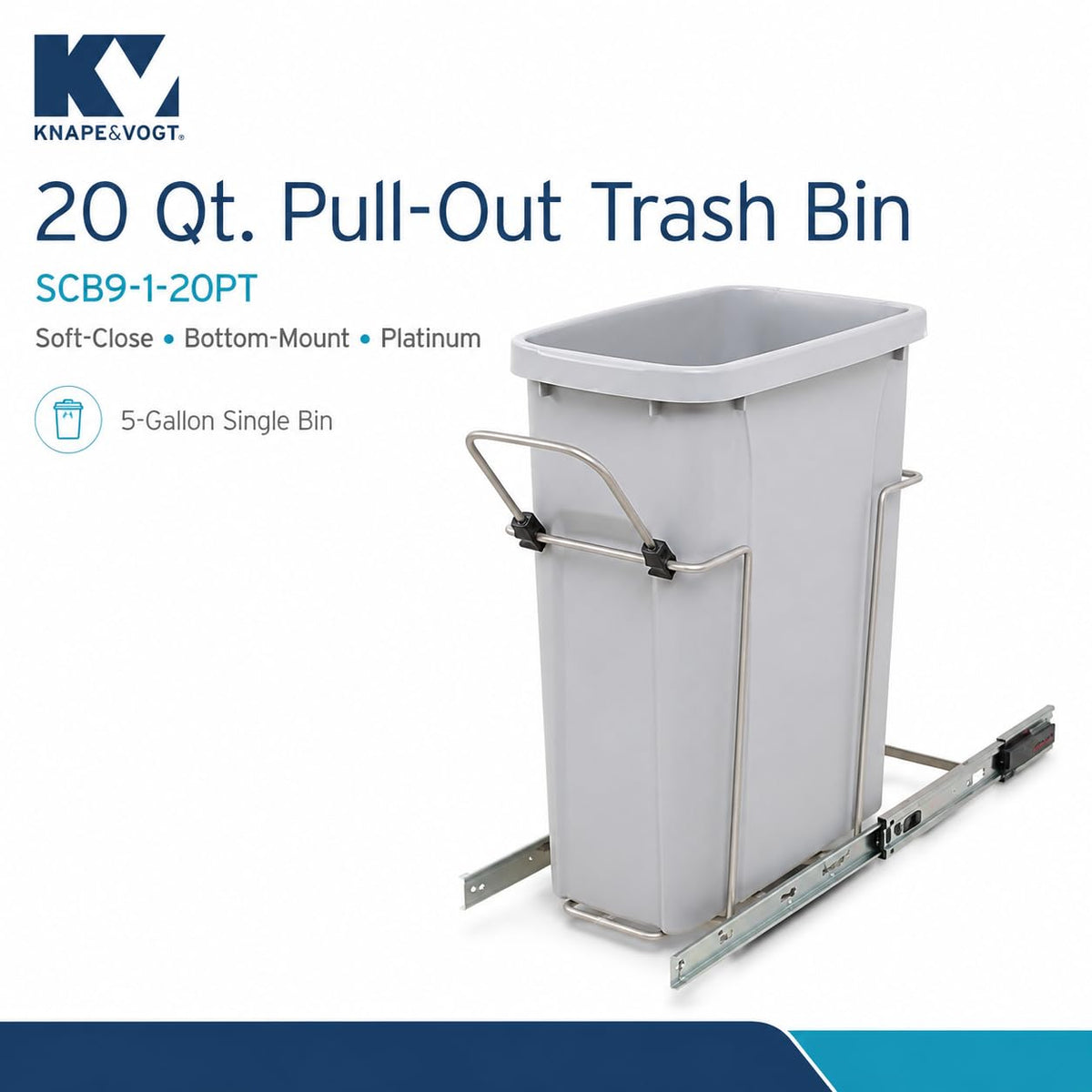 Knape & Vogt Soft-Close Pull-Out Trash Can for Cabinets, 20 Qt (5 Gallon) Bottom Mount Single Kitchen Trash Bin, 8-3/8 in. x 20-1/8 in. x 17-5/16 in., SCB9-1-20PT, Platinum