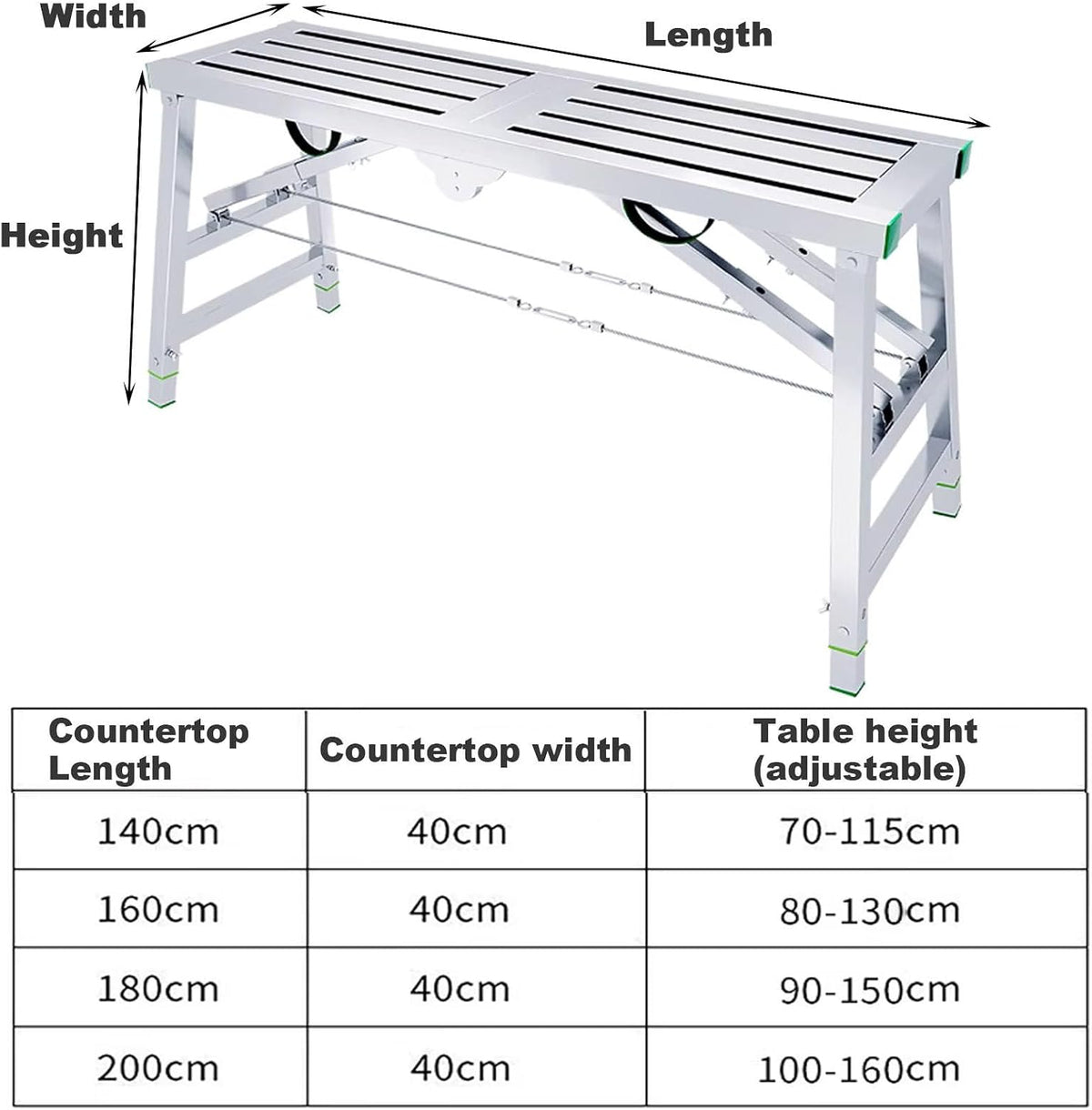 Multipurpose Work Platform with 400 kg Duty Rating, Portable Folding Scaffolding Work Platform Scaffold Tower Ladder Stool Bench Adjustable Height, Carbon Steel Structure,160×40cm