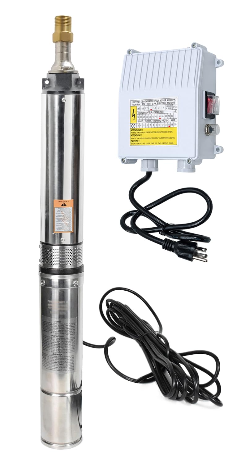 Deep Well Submersible Pump with Control Box 1HP 115V Well Pump Submersible Water Pump Stainless Steel 33 GPM,266ft Lift 100ft Power Cord ON/OFF Switch for 4" Deep Well