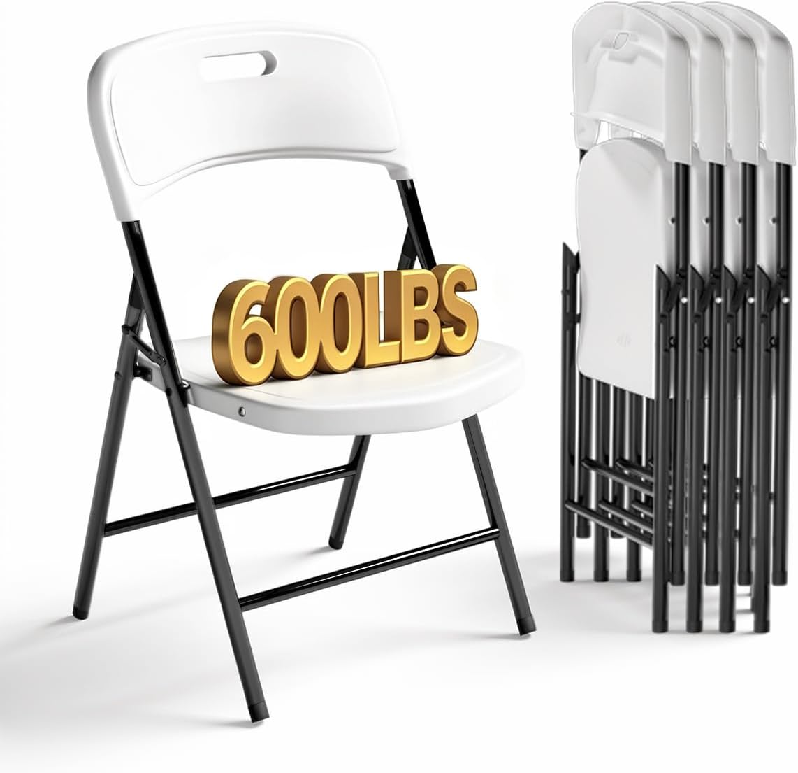 Folding Chairs, 600lbs Capacity, Heavy-Duty Commercial Stackable Plastic Foldable Chairs for Indoor/Outside, Office, Kitchen, Party, Patio(White, 4 Pack)