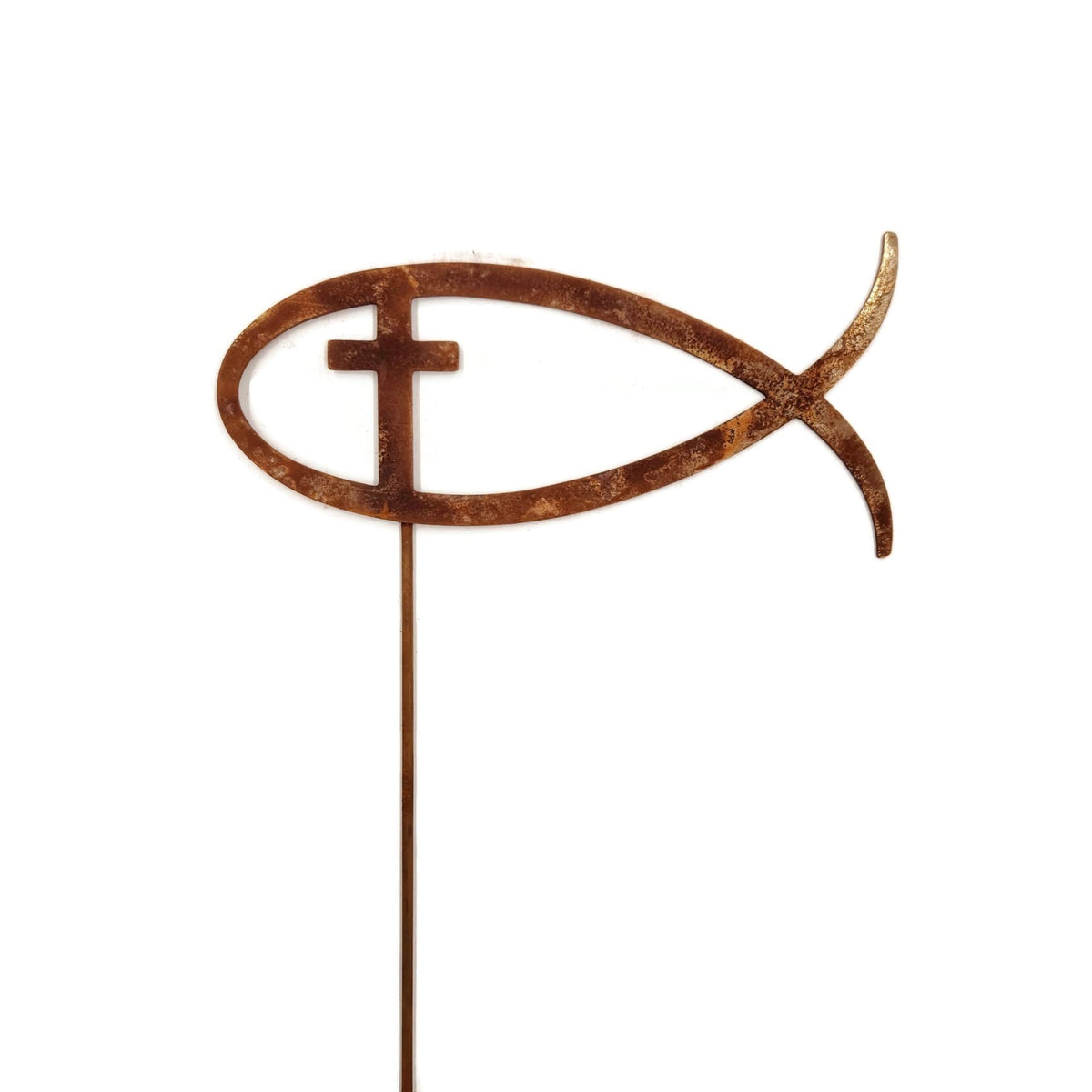 Christian Jesus Fish Metal Steel Garden Landscape Stake 20 to 33 Inches Tall (Jesus Fish with Cross 33" Tall Including Stake, Naturally Rusted)