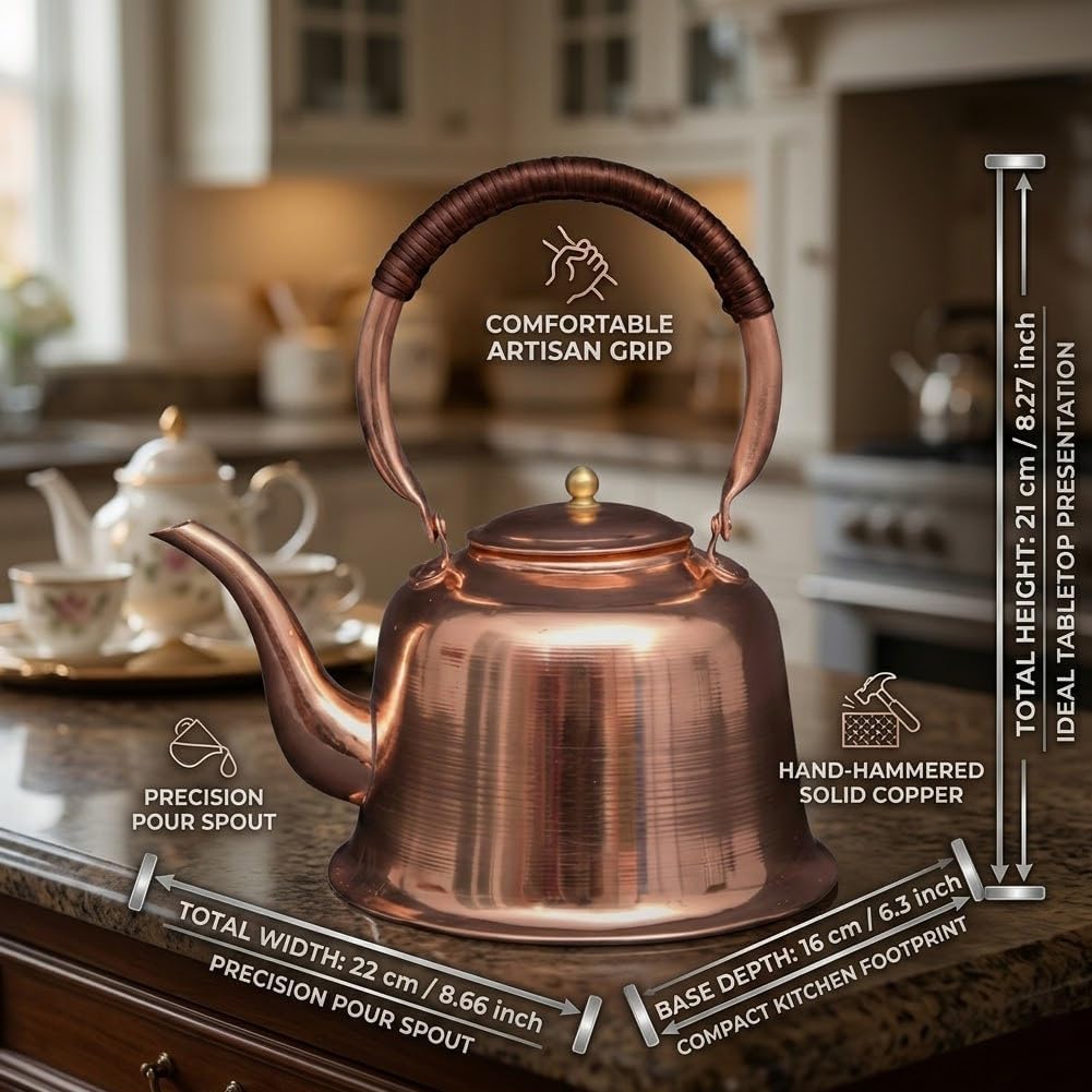 Solid Copper Tea Kettle for Stove Top, 1000ml Fast Boiling Vintage Copper Teapot, Easy to Clean Water Kettle for Induction, Gas & Electric Stoves