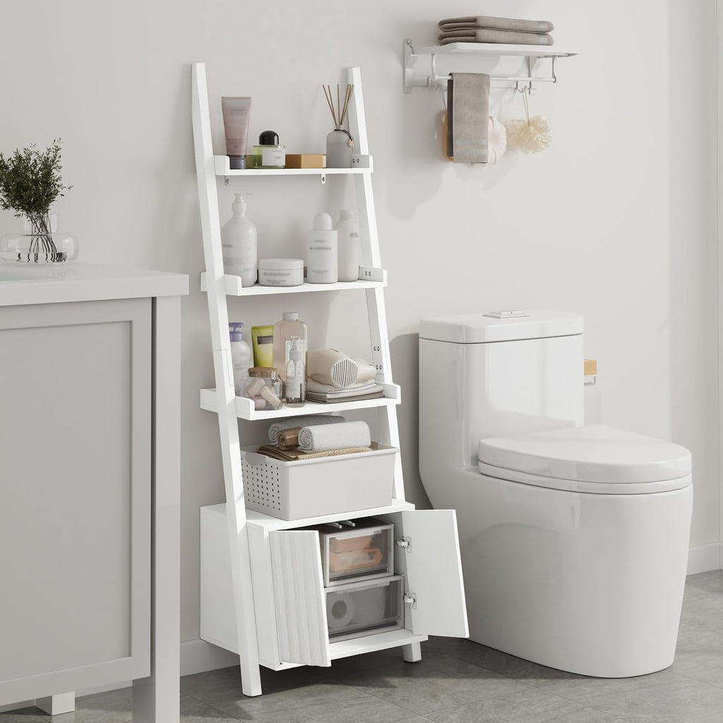4-Tier Ladder Bookshelf with Storage Cabinet, Freestanding Shelf Unit,White