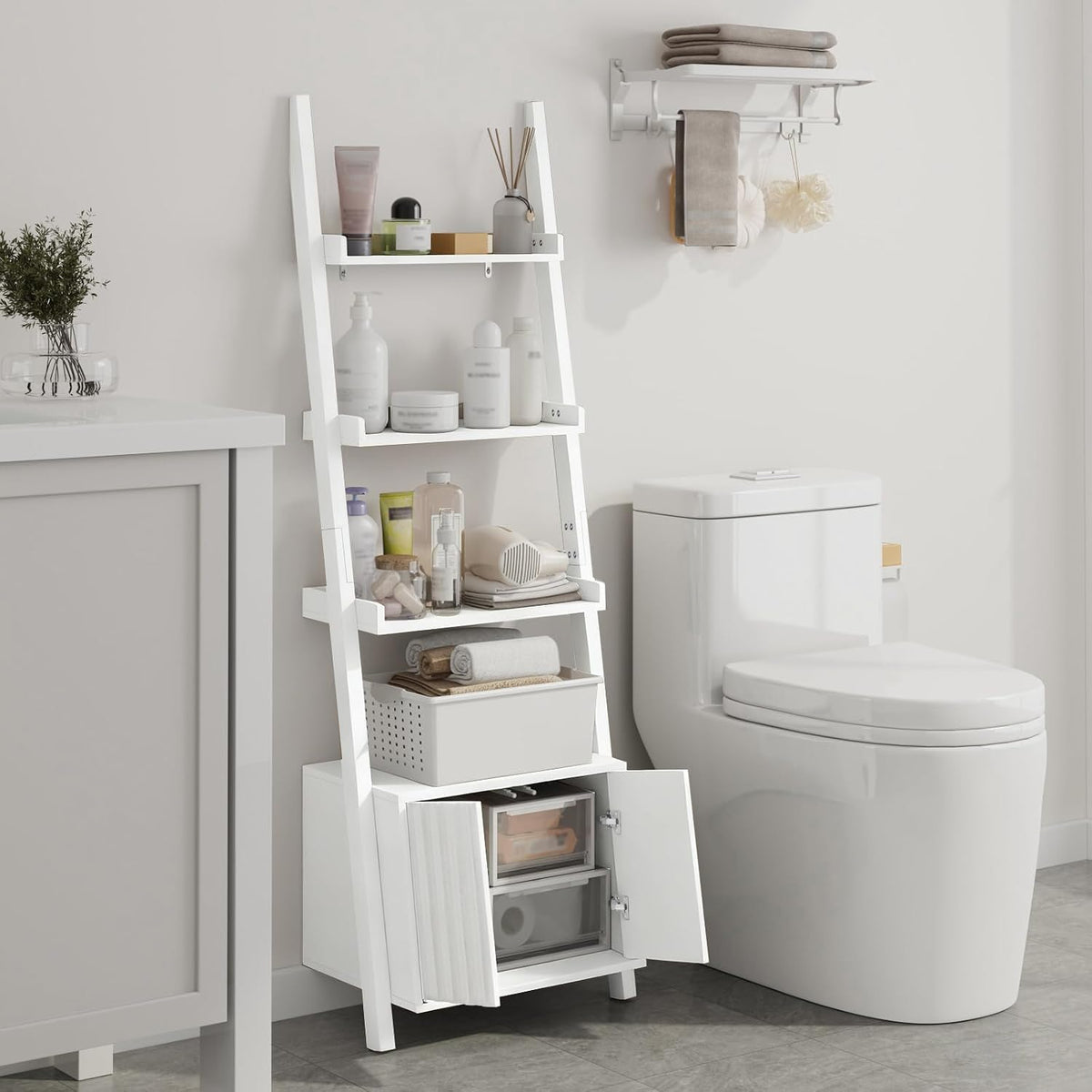 4-Tier Ladder Bookshelf with Storage Cabinet, Freestanding Shelf Unit,White