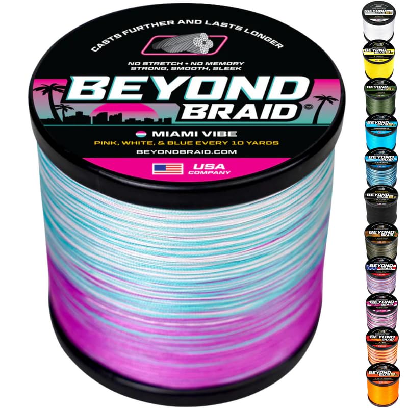 Beyond Braid Braided Fishing Line -Super Strong - Abrasion Resistant - No Stretch -Blue Camo, Moss Camo, White, Green, Pink, Blue, 4 Strand 8 Strand