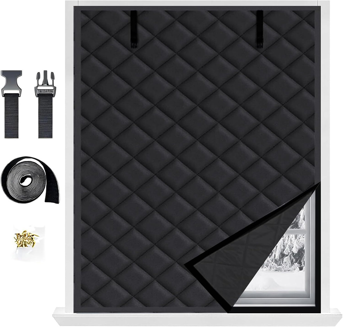 Winter Window Insulation Kit, 20" 28" 36" 48" 79" Cotton Insulated Curtains for Winter Window Insulation Cover, Thermal Window Cover for Winterizing Bedroom Attic RV Garage(Black,63x114in/160x290cm)