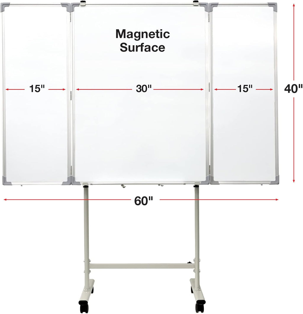 Excello 40” x 60” Mobile, Folding Whiteboard on Wheels with Magnetic Surface and Flip-Out Marker Tray