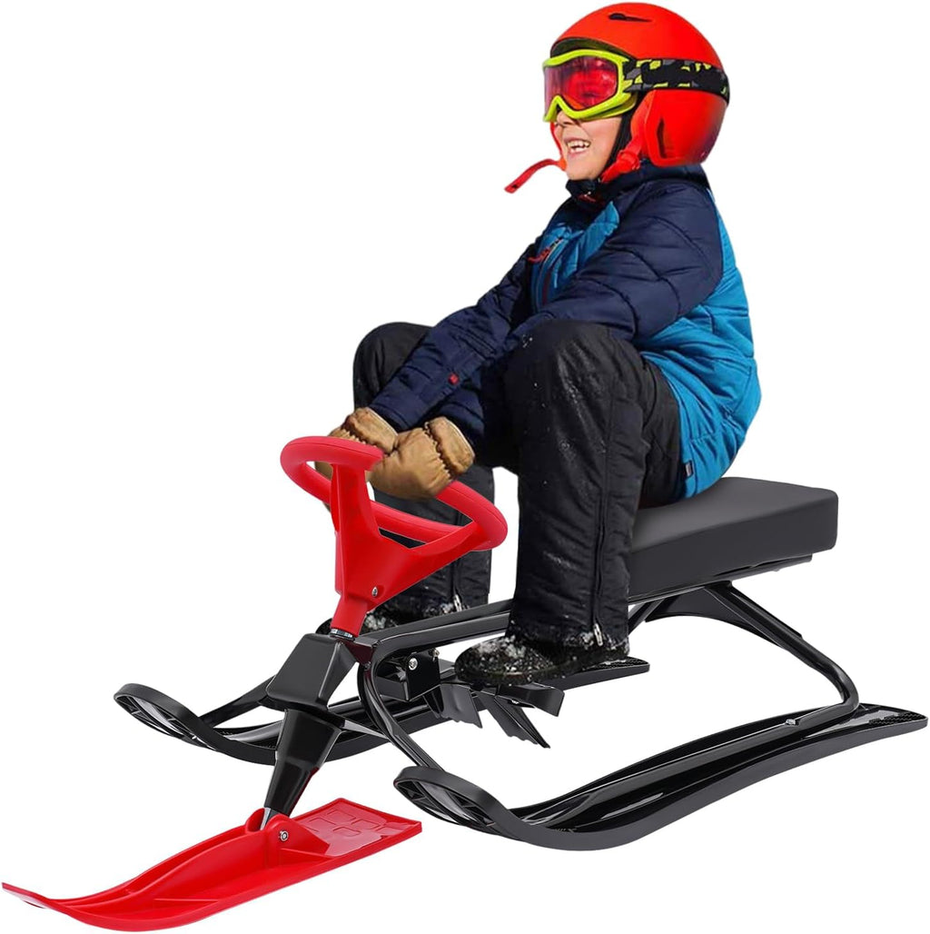 Snow Racer Sled with Steering Wheel,Portable Steerable Snow Sled with Brake