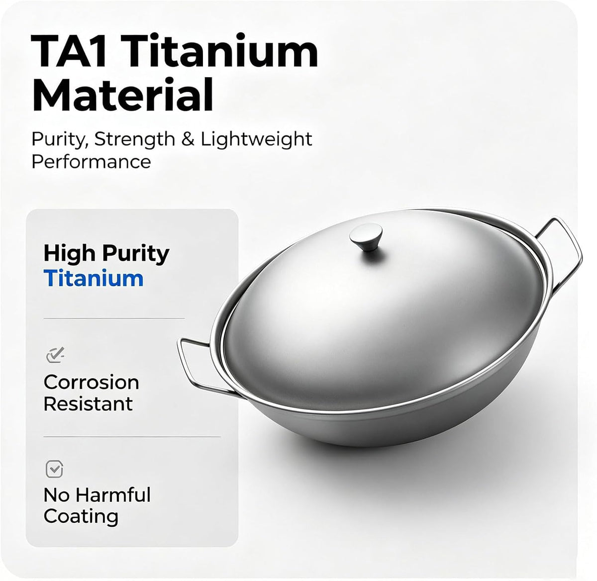 Titanium Camping Pot with Lid & Dual Handles, Chinese Hot Dry Pot Wok Pan, Portable Cook Pots Ultralight Outdoor Cookware for Backpacking, Hiking,Travel, Home used RT141C (Titanium color)