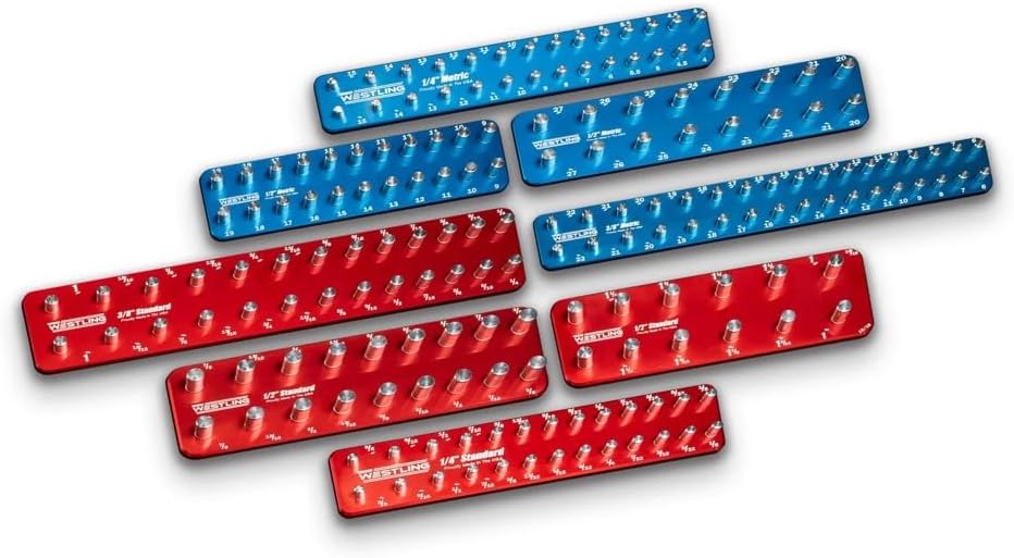 Westling USA Premium Aluminum Starter 8 Piece Socket Tray/Organizer Set, Holds 152 Standard and Metric Sockets (Red/Blue, 2 Row)