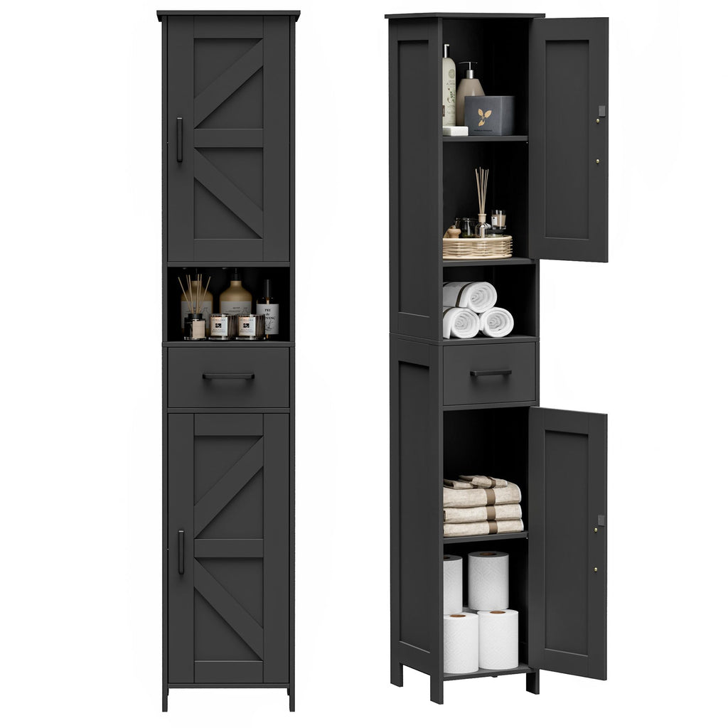 Homhedy 67" H Tall Bathroom Storage Cabinet with Barn Doors and Drawer