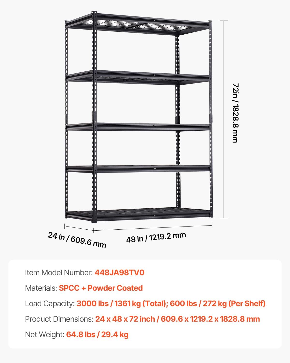 VEVOR Storage Shelves, 3000 lbs, 5 Tier, 24 x 48 x 72 inch Metal Rack Set