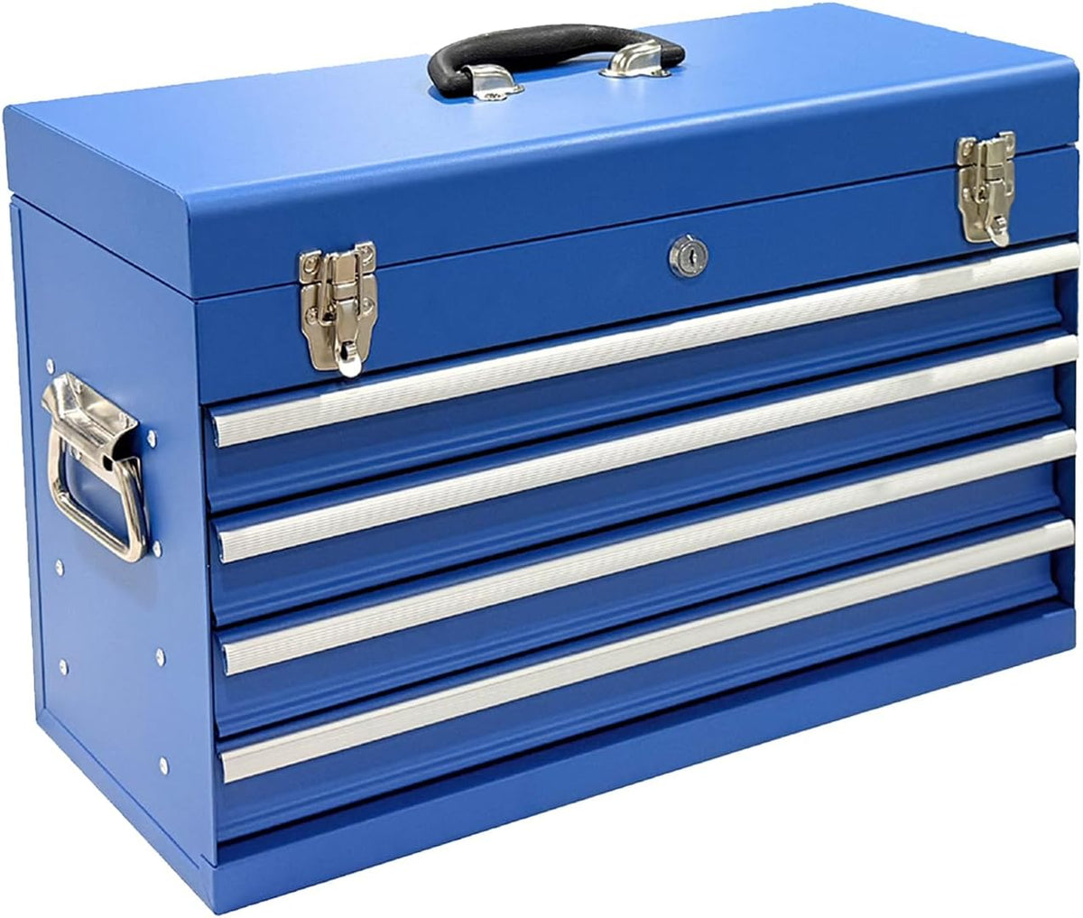 4 Drawers Metal Tool Box, 21" Portable Steel Tool Chest w/Key Lock&Latch Closure, Multi-Function Top Storage Tray Toolbox w/Powder Coating&Ball Bearing Slides (Style 1-4 Drawers - Blue)