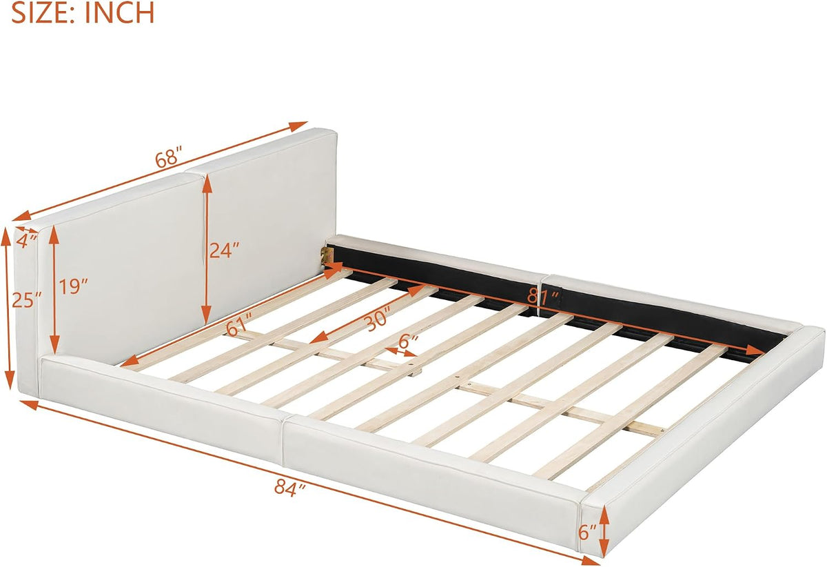 Grounded Bed Upholstered Platform Bed with Unique Design Thick Fabric Headboard, Wood Platform Bed Frame for Kids Adults Bedroom Furniture, Upholstered Floor Bed (Beige-11, Queen)