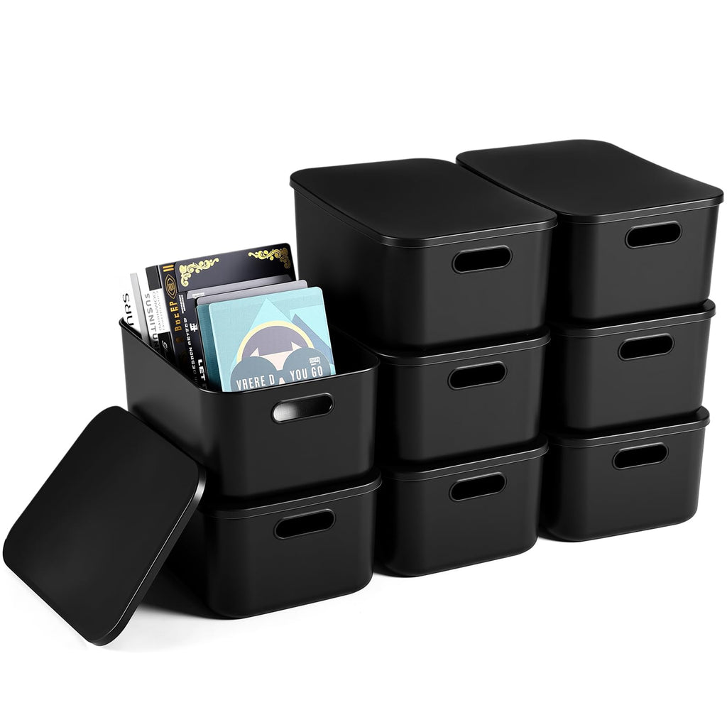 Hoolerry 8 Pieces Storage Bins, 14.2 x 10.2 x 9.5 Inch, Black