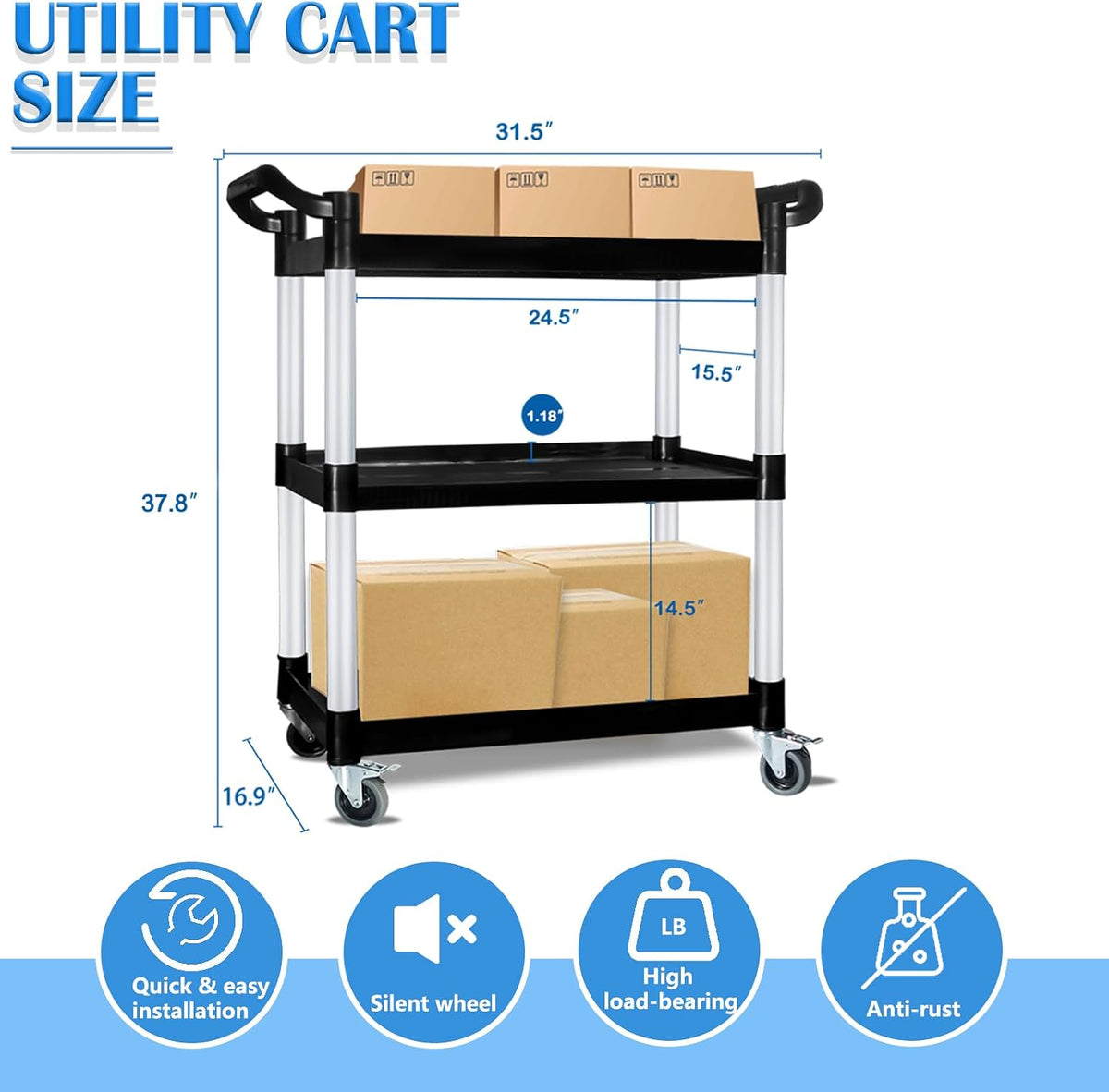 Utility Carts with Wheels, Rolling Kitchen Cart, 3 Tier Cart, Food Service Cart, Restaurant Kitchen Cart, Plastic Heavy Duty Cart for Office Business, 510lbs 16.9" D x 31.5" W x 37.8" H