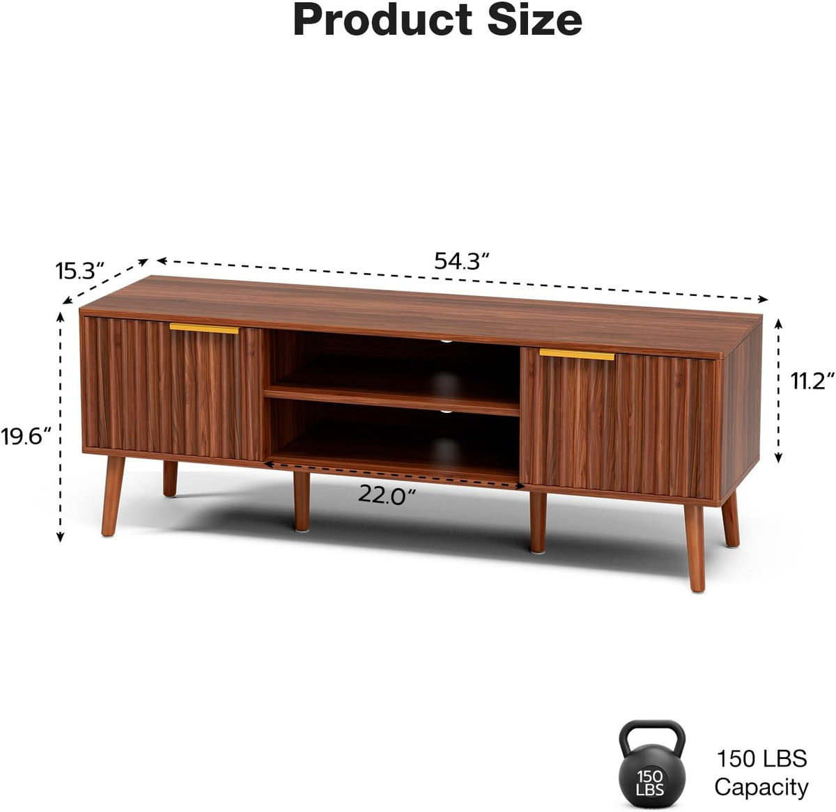 LCRBOL TV Stand with Fluted Doors for TVs up to 65", Mid-Century, Walnut