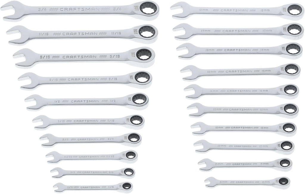 CRAFTSMAN Ratchet Wrenches Set, 20 Pc, 90 Tooth SAE/Metric Ratcheting Wrench Set with Case, 4 Degree Arc Swing (CMMT87220)