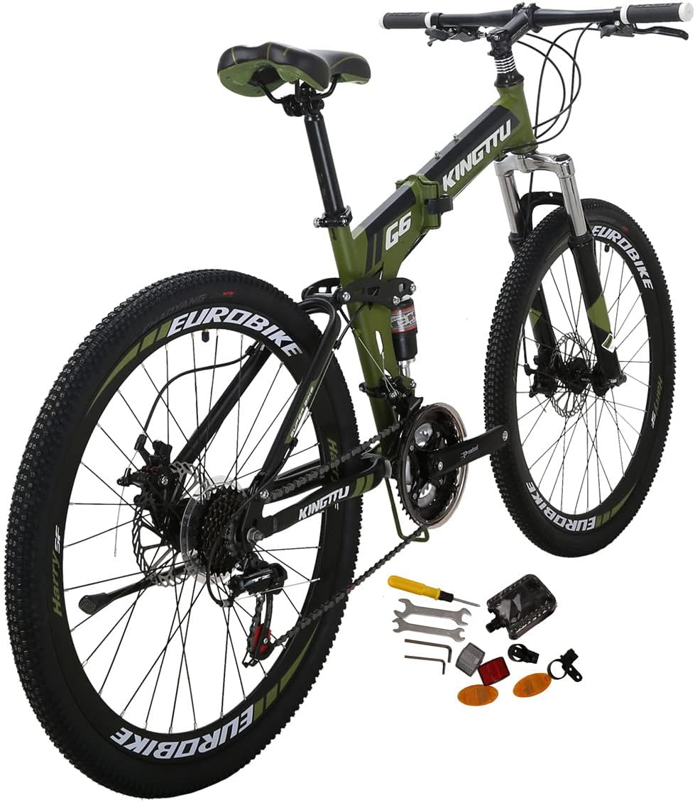 Eurobike Adult Folding Bike HY G6 Bicycle 26 Inches Muti Spoke Wheels 21 Speed Dual Suspension Folding Mountain Bike (G6 ArmyGreen -KT 32 Spoke)