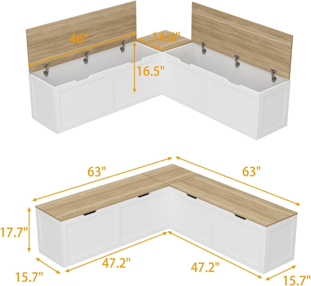 L Shaped Breakfast Nook Bench with Hidden Storage, 63 Inch Corner Dining Bench for Small Kitchen, Breakfast Nook for Dining Room, Entryway, Oak 63”L x 63”W x 17.7”H