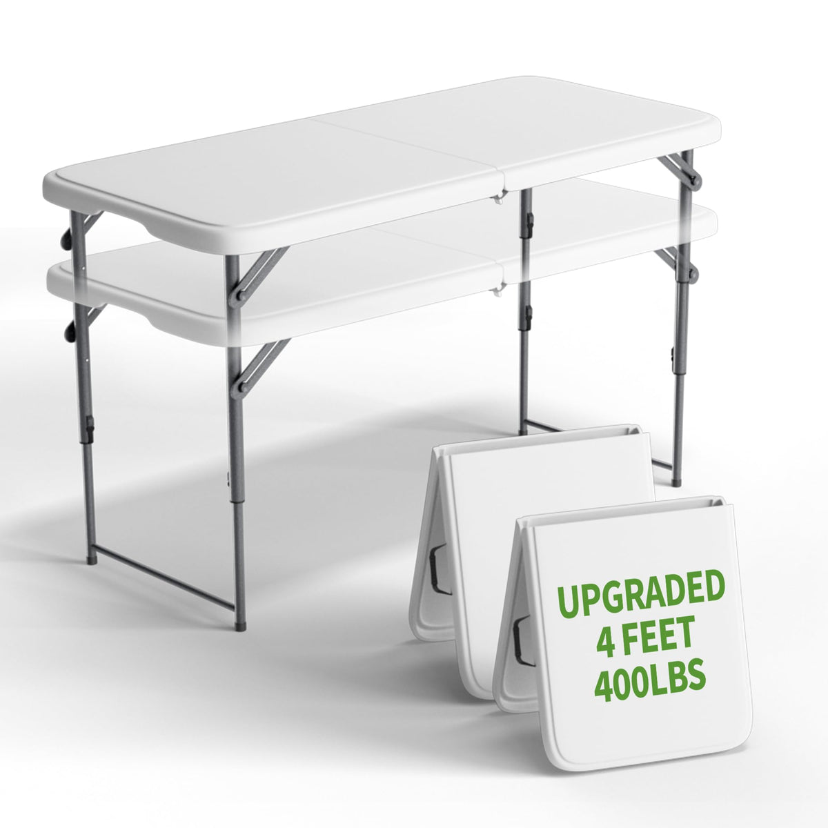 4 FT Folding Table, 3-Position Adjustable Height, Heavy Duty 400 lbs Capacity, Portable Table for Camping, Party, Indoor & Outdoor (Black Wood Grain, 2 Pack)