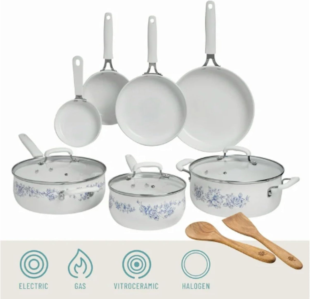 Pioneer Woman Style Agatha 12-Piece Aluminum & Ceramic Classic Cookware Set Blue