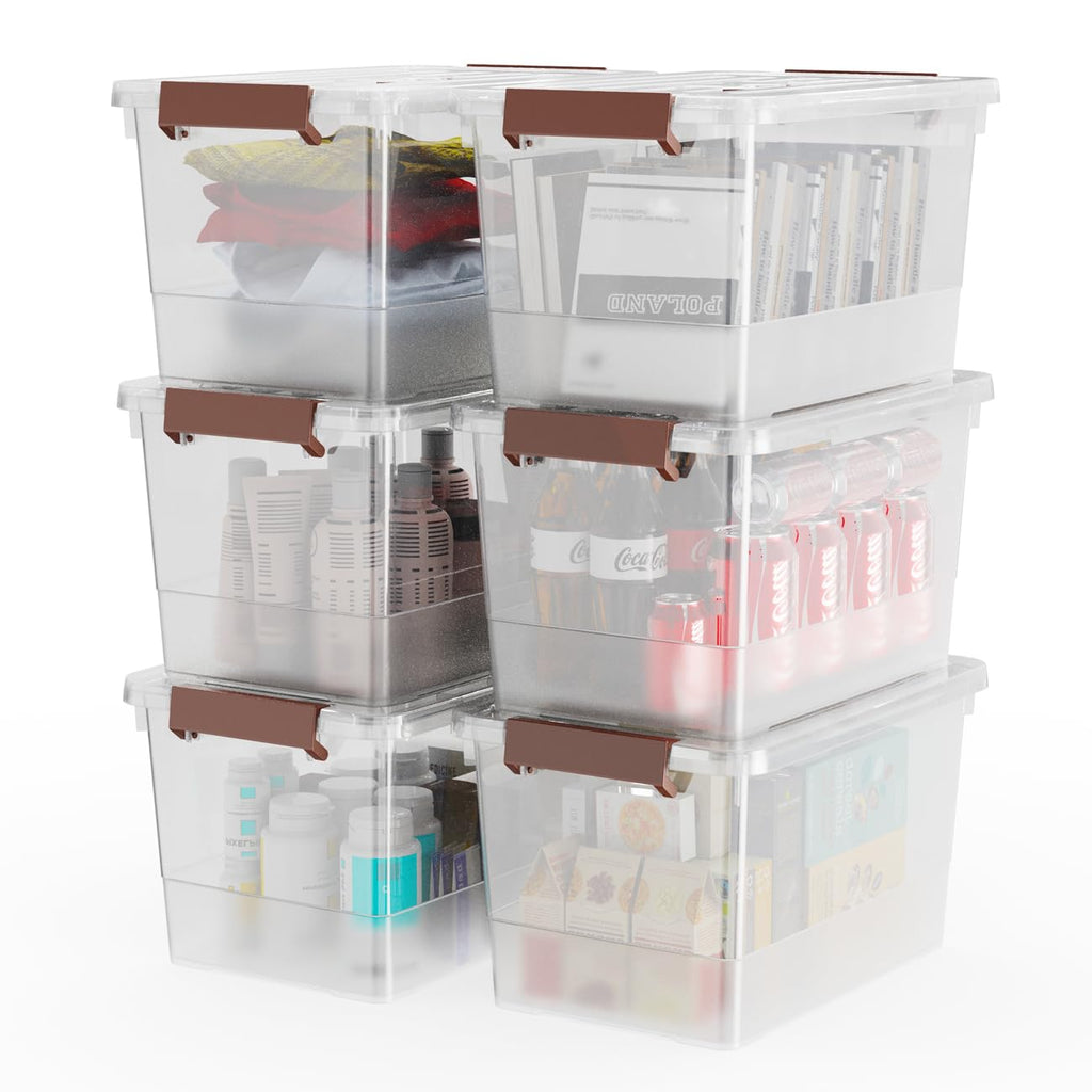 WYT 32 Qt Plastic Clear Storage Bin with Durable Lids and Latching Buckle, 6-Pack Tote Organizing Box Stackable and Nestable