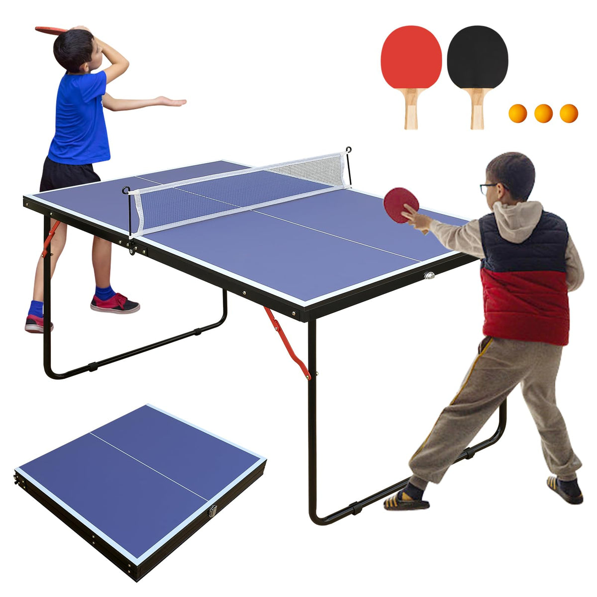 4.5/6ft/9ft Mid-Size Portable Ping Pong Tables Set, Foldable Table Tennis Table with Net,2 Paddles & 3 Balls, Multi-Use Free Standing Ping Pong Table for Indoor/Outdoor
