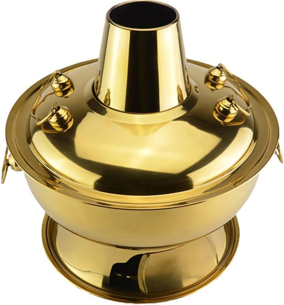 Hot Pot, Chinese Charcoal Hotpot, Extra Thick Stainless Steel Stew Pan, Vintage Hot Pot with Chimney Shabu Shabu Hotpot for Family Dinners and Stewed Lamb Camping,Gold,34cm/13.4inch