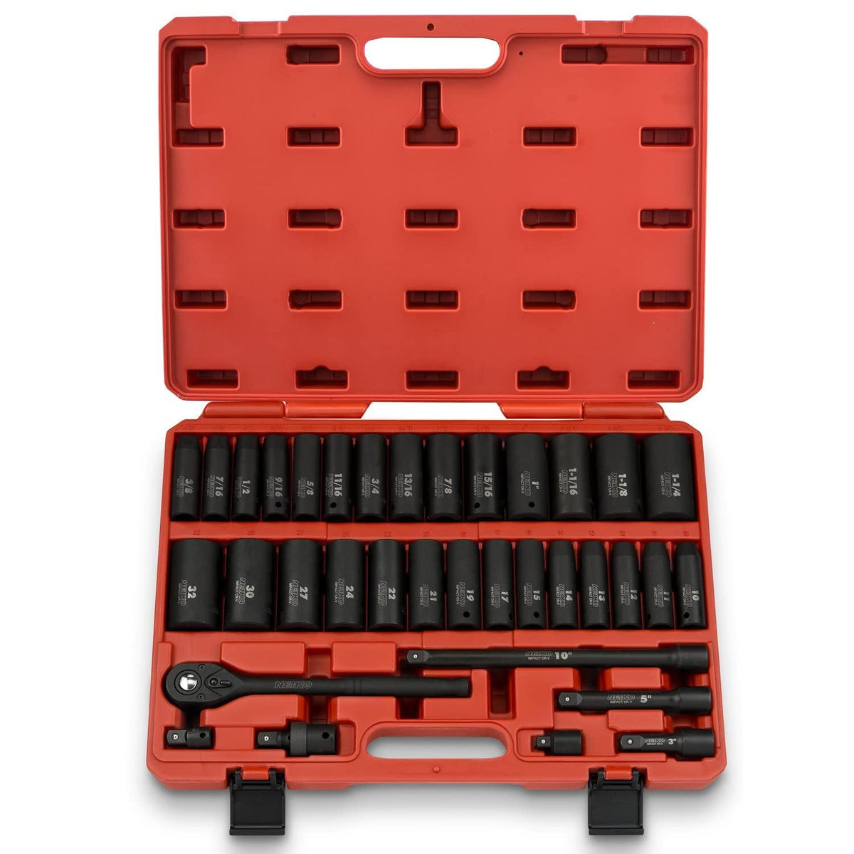 NEIKO 02448A 1/2" Drive Master Impact Socket Set, 65 Piece, Standard SAE (3/8"-1-1/4") & Metric (10-24 mm) Sizes, Deep & Shallow Kit, Includes Adapters & Ratchet Handle
