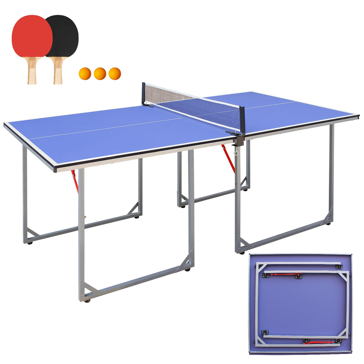 4.5/6ft/9ft Mid-Size Portable Ping Pong Tables Set, Foldable Table Tennis Table with Net,2 Paddles & 3 Balls, Multi-Use Free Standing Ping Pong Table for Indoor/Outdoor