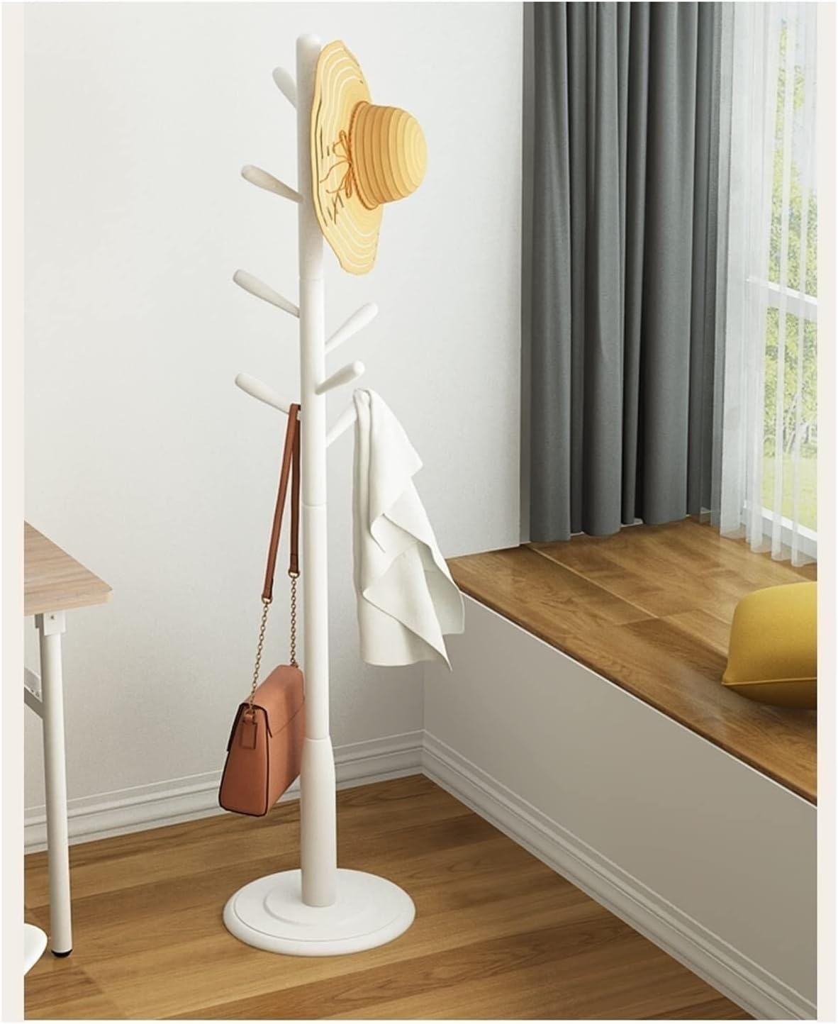 JingNian Freestanding Household Floor-Standing Rack, Standing Coat Rack with 9 Hooks Wood Coat Rack(White)
