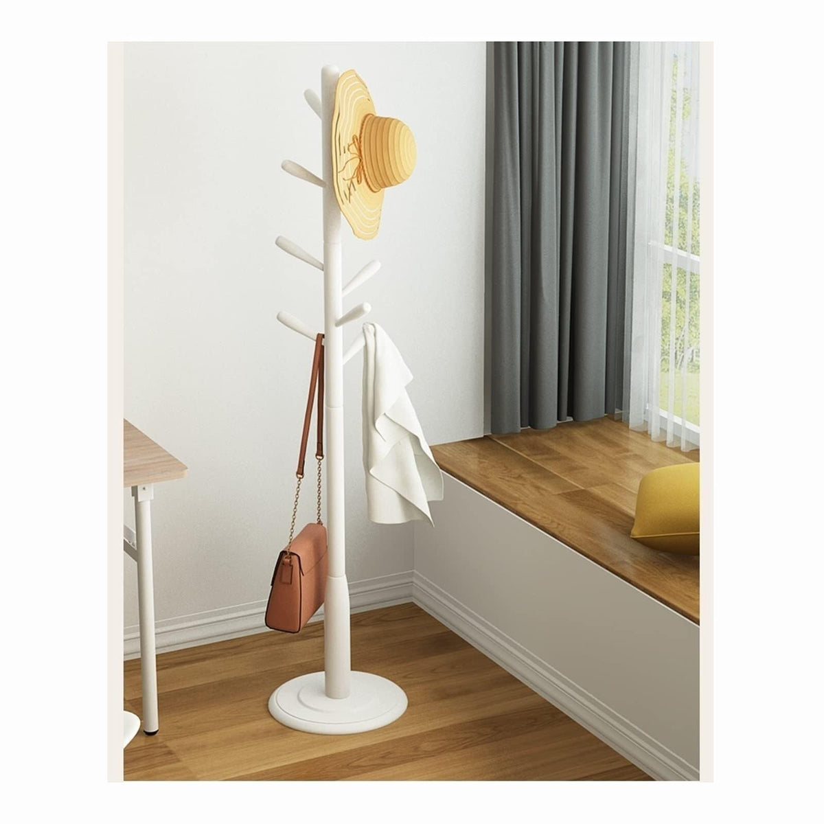 JingNian Freestanding Household Floor-Standing Rack, Standing Coat Rack with 9 Hooks Wood Coat Rack(White)