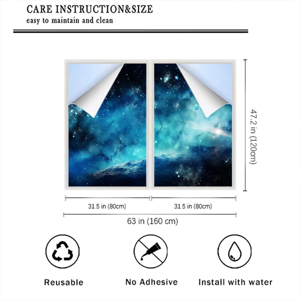 Abstract Universe Privacy Window Film Blue Galaxy Mysterious Planet Stained Glass Window Coverings Adhesive Sticker Frosted Window Film for Home Office Stores 31.5Wx47.2L-inch x2 Pcs