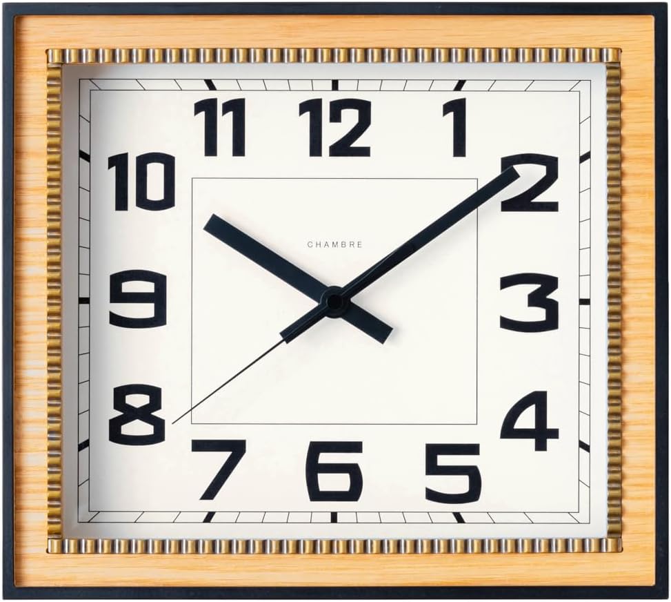 Brass Clock Japanese Handcrafted Solid Wood Clock Silent Non-Ticking Battery Operated Modern Decorative for Living Room Bedroom Office Brass Rectangle Clock CH-053 (Oak)