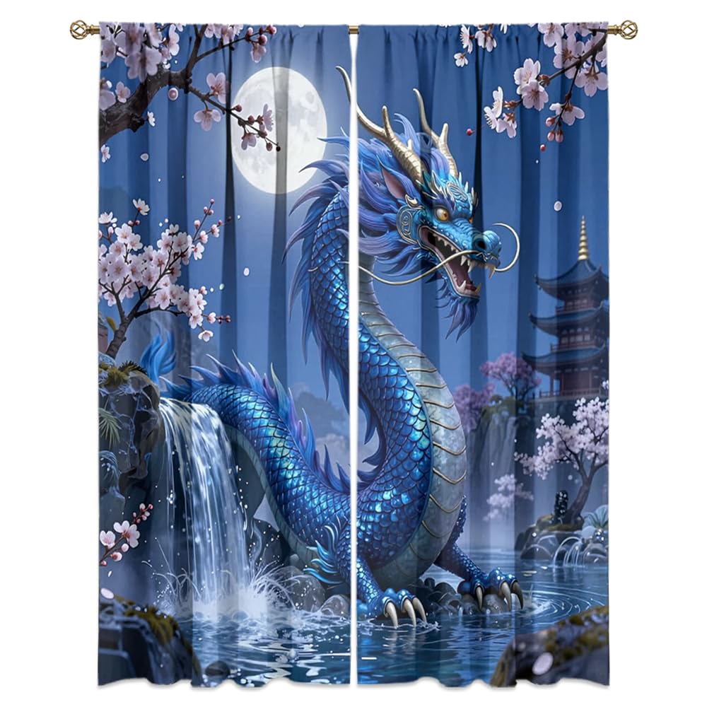 Traditional Ukiyoe Wildlife Dragon Curtains-Dreamy Ancient Japan Architecture Rod Pocket Back Tab Window Drapes,Japanese Samurai Thermal Insulated Blackout Curtain,2pcs,Each 52“W x 96”L