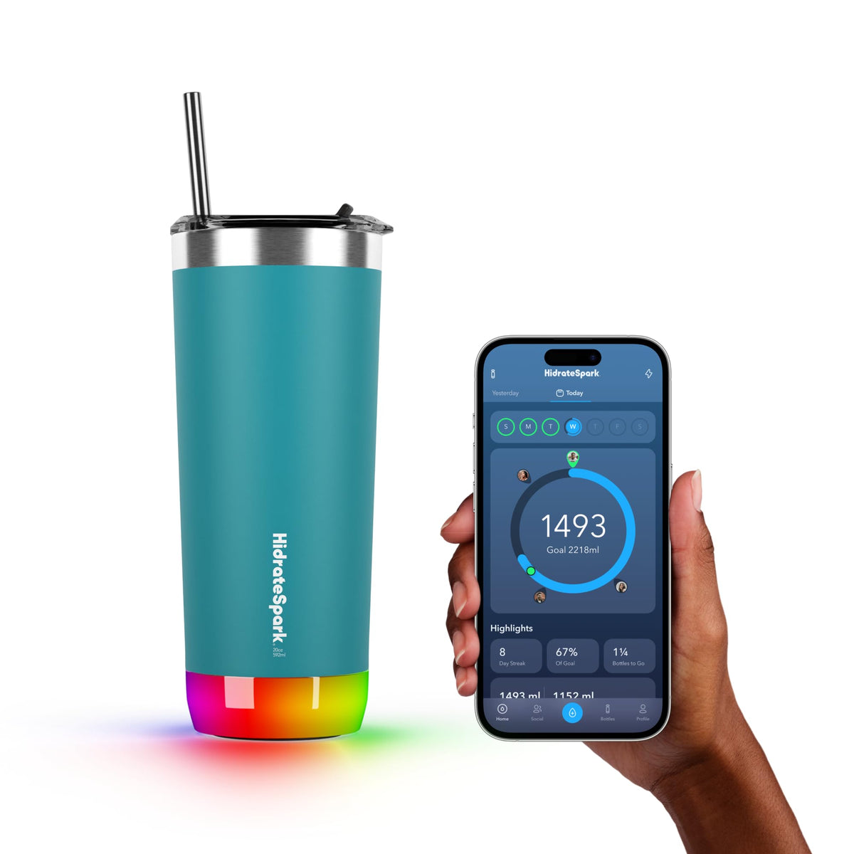 Hidrate Spark PRO Smart Tumbler Bundle – Insulated Stainless Steel – Tracks Water Intake with Bluetooth, LED Glow Reminder When You Need to Drink – 20oz (Black)