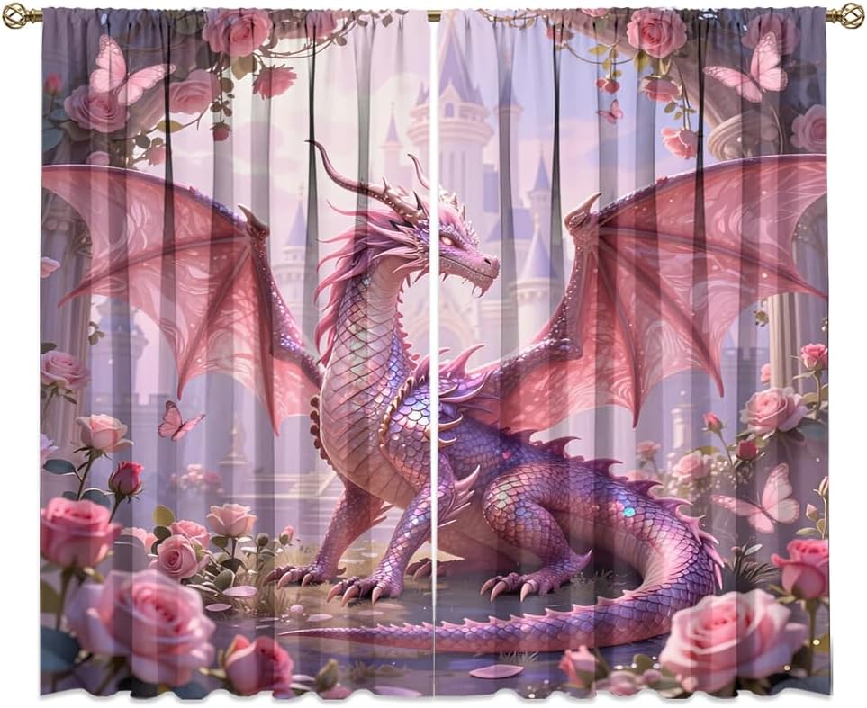 Dreamy Pink Wildlife Dragon Curtains-Fantasy Medieval Castle Rod Pocket Back Tab Window Drapes,Mythological Dragon Floral Roses Thermal Insulated Blackout Curtain,2pcs,Each 52“W x 96”L