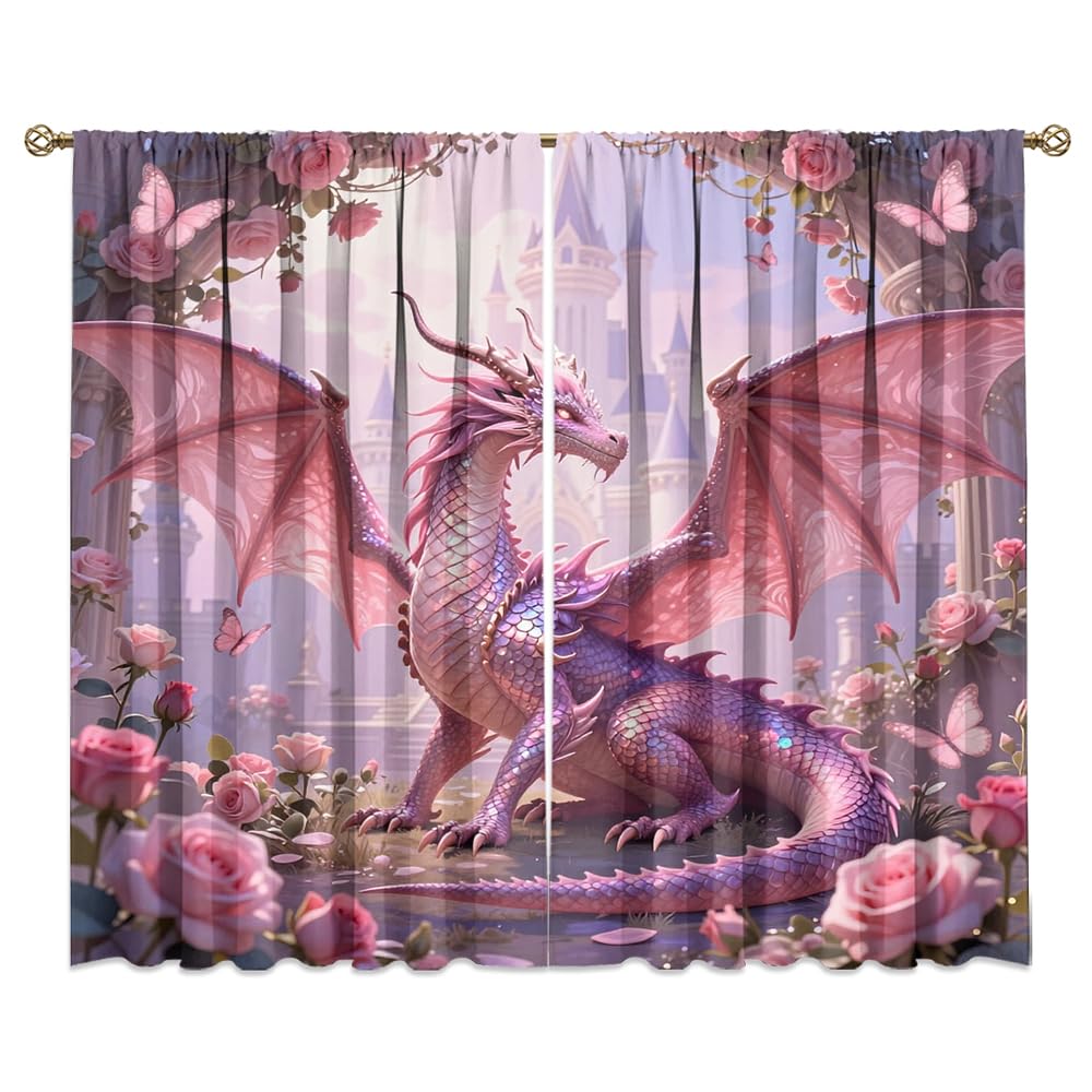 Traditional Ukiyoe Wildlife Dragon Curtains-Dreamy Ancient Japan Architecture Rod Pocket Back Tab Window Drapes,Japanese Samurai Thermal Insulated Blackout Curtain,2pcs,Each 52“W x 96”L