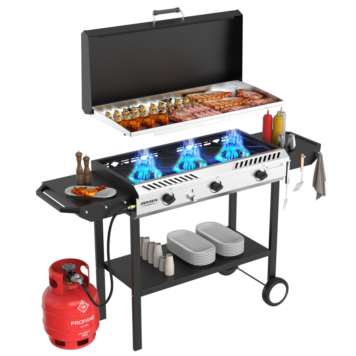 ROVSUN 3 Burner Outdoor Propane Gas Stove with Ignition, Regulator & Side Shelves, 225,000 BTU Rolling Gas Stove Outdoor Cooker for Backyard Patio Cooking Home Camping Brewing Canning Turkey Frying