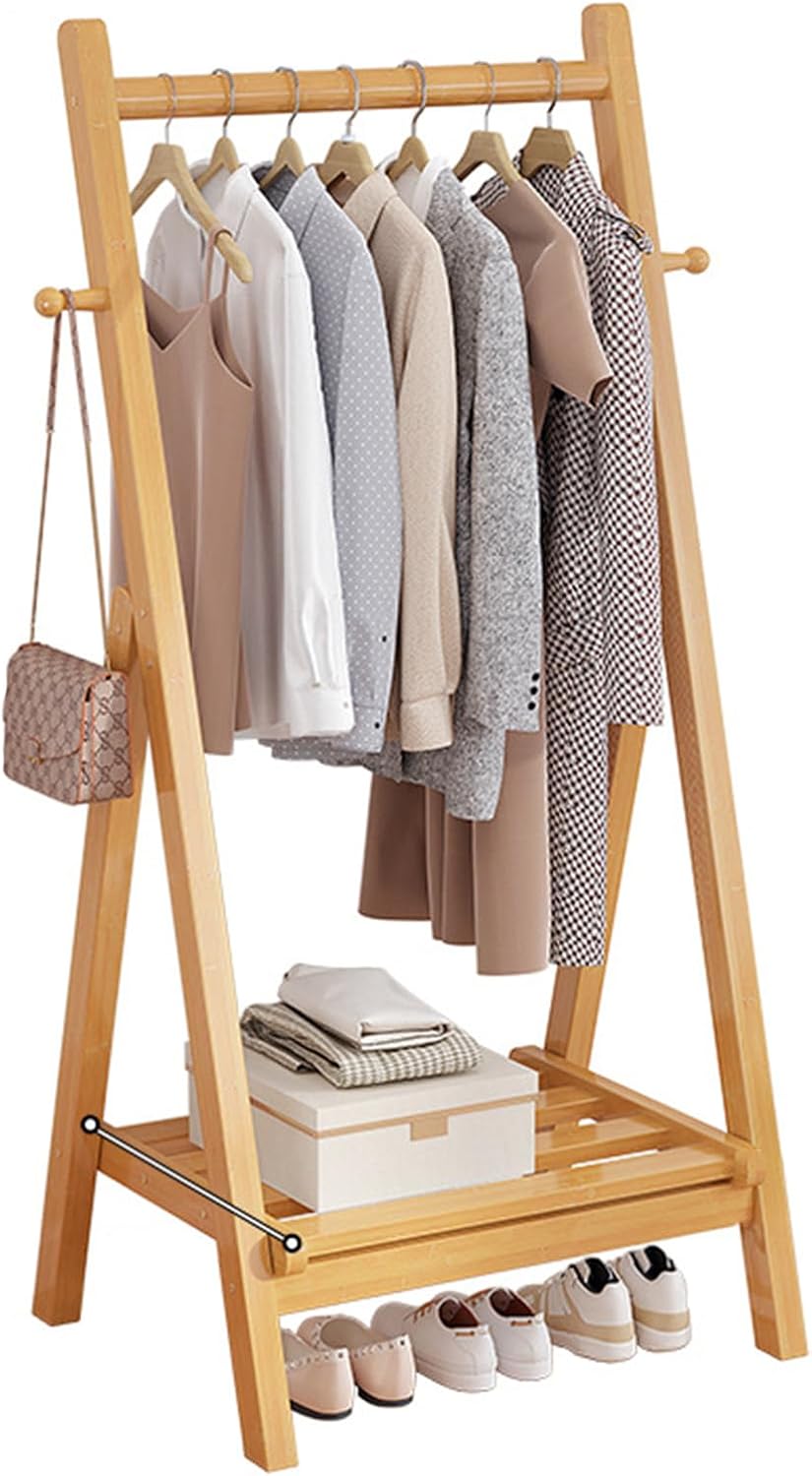 Unique Coat Rack Stand, Bamboo Clothing Rack Foldable Clothes Hanging Stand with Storage Shelf for Laundry, Guest Room, Apartment, Entryway