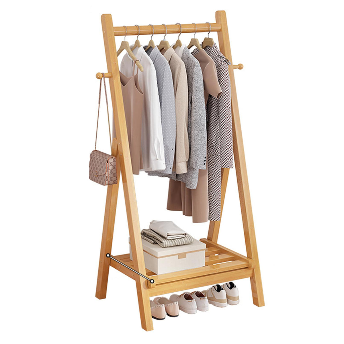 Unique Coat Rack Stand, Bamboo Clothing Rack Foldable Clothes Hanging Stand with Storage Shelf for Laundry, Guest Room, Apartment, Entryway