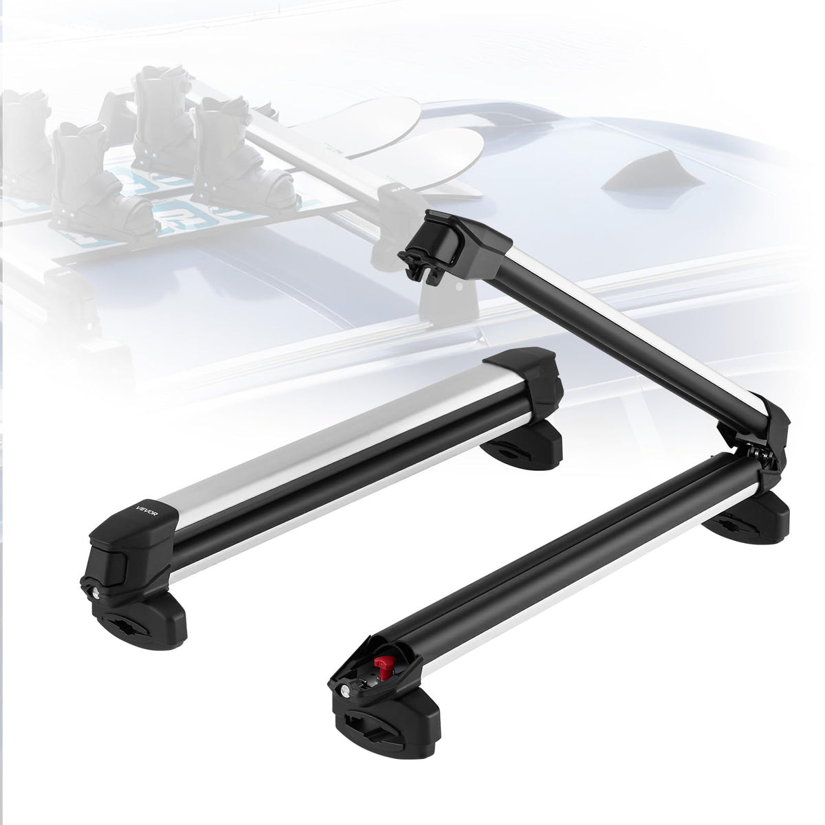 VEVOR Ski & Snowboard Roof Rack, Carry up to 6 Pairs of Skis or 4 Snowboards, 2 PCS Aluminum Universal Car Roof Rack with Lock & Rubber Padding, Carrier for Fishing Rod, Fit Most Slotted Crossbars