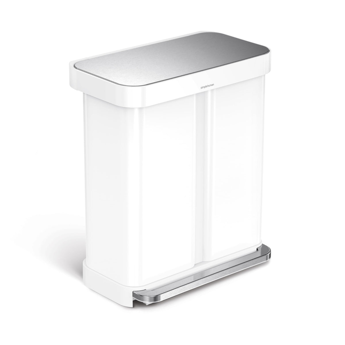 simplehuman Step Recycler, 58L / 15.3 Gallon Dual Compartment Kitchen Trash Can, 150,000-Step Pedal, Lid Shox® Technology, Liner Rim System, Liner Pocket®, Brushed Stainless Steel with Plastic Lid