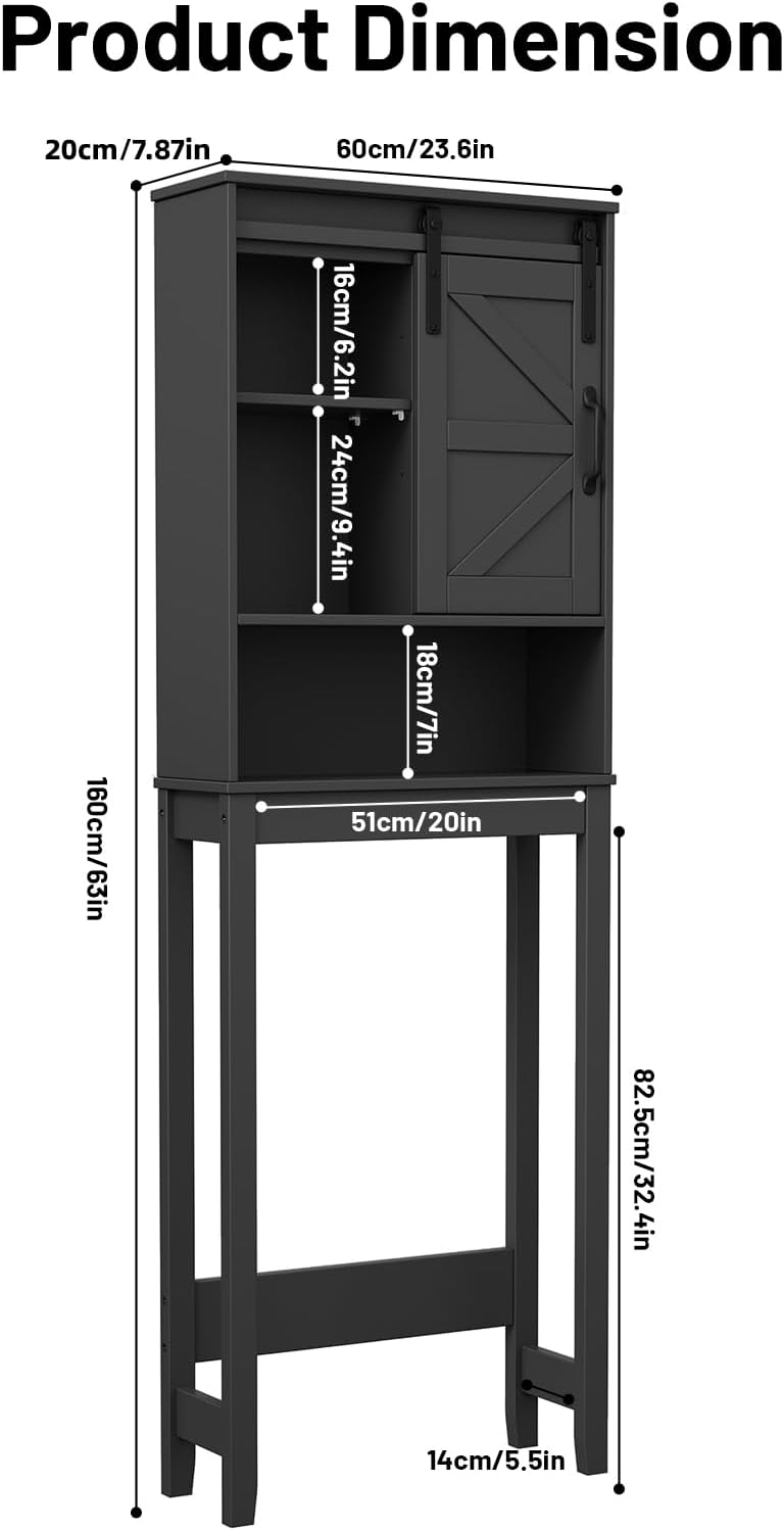 Over The Toilet Storage Cabinet, Bathroom Organizer with Adjustable Shelves and Anti-Tip Device, Space-Saving Storage Solution, Black