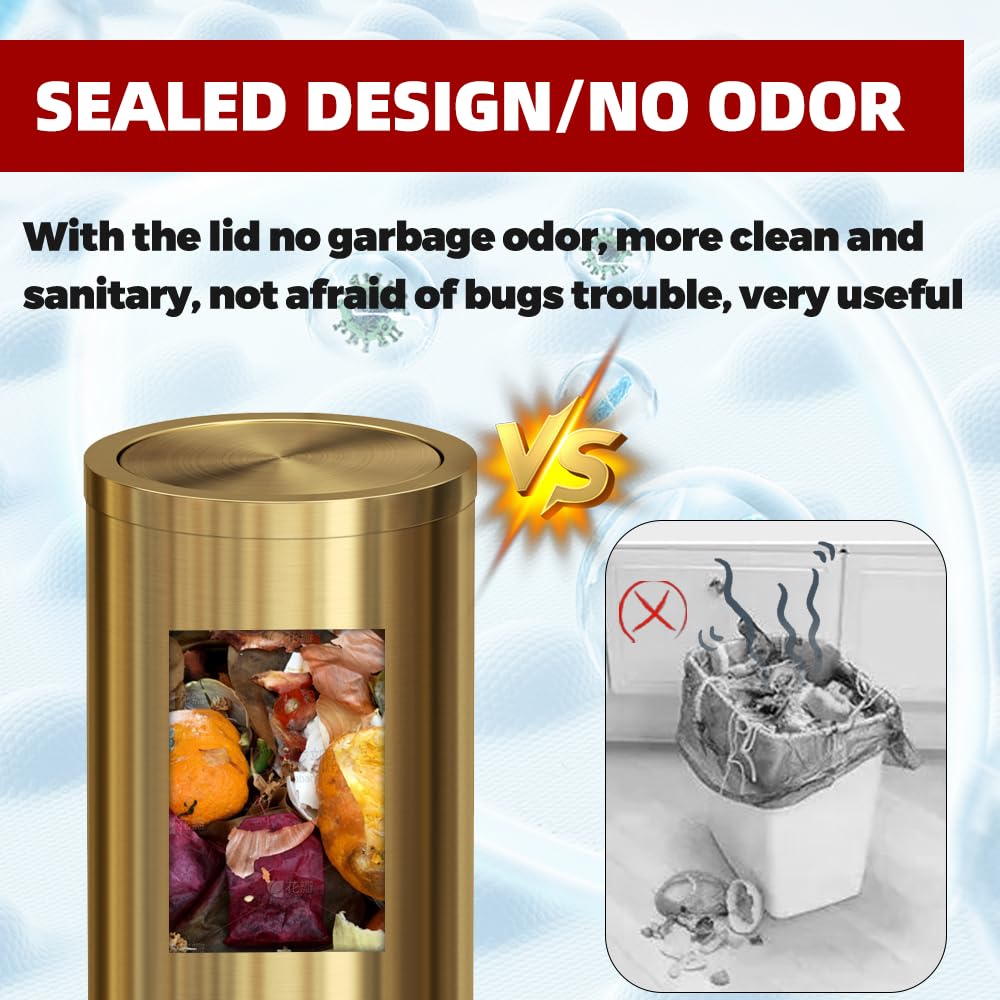 Gold Trash Can, 8 Gallon Trash can with lid,Large Capacity FILP lid Kitchen Trash can for Bathroom,Shopping mall,Elevator gate,Airport, Hotel,Commercial (Gold)